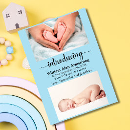 青い男の赤ちゃんサイズと重量フォト誕生 案内状