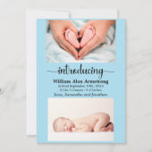 青い男の赤ちゃんサイズと重量フォト誕生 案内状 (正面)