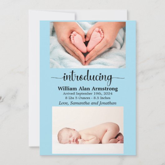 青い男の赤ちゃんサイズと重量フォト誕生 案内状 (正面)