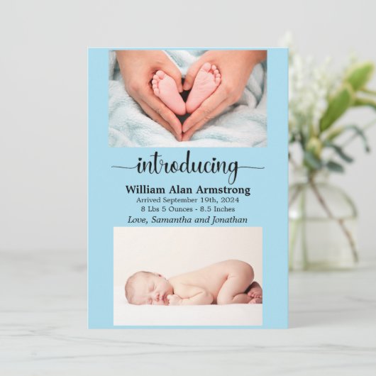 青い男の赤ちゃんサイズと重量フォト誕生 案内状 (スタンド正面)