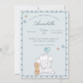 青い男の赤ちゃんゾウとバルーンウォーターの色 招待状 (正面)