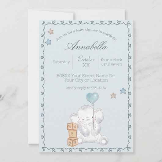 青い男の赤ちゃんゾウとバルーンウォーターの色 招待状 (正面)