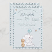 青い男の赤ちゃんゾウとバルーンウォーターの色 招待状 (正面/裏面)