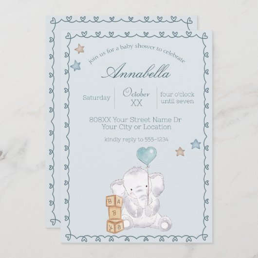 青い男の赤ちゃんゾウとバルーンウォーターの色 招待状 (正面/裏面)