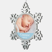 青い男の赤ちゃんパーソナライズされた名（写真） スノーフレークピューターオーナメント (右)