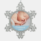 青い男の赤ちゃんパーソナライズされた名（写真） スノーフレークピューターオーナメント (正面)