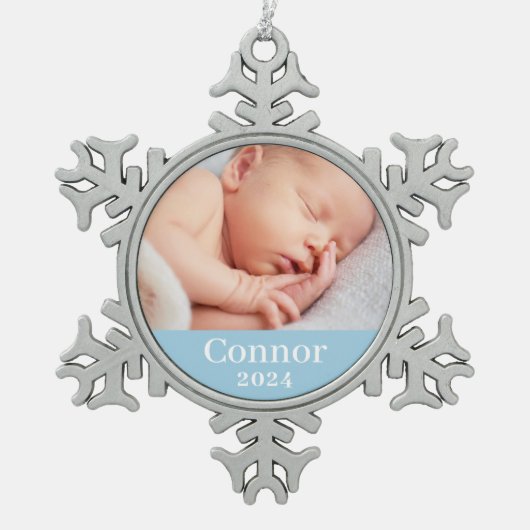 青い男の赤ちゃんパーソナライズされた名(写真) スノーフレークピューターオーナメント (正面)