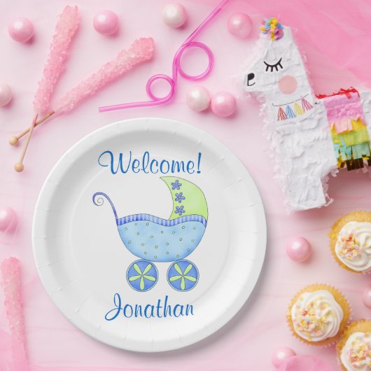 青い男の赤ちゃん乳母車ようこそパーソナライズされた名 ペーパープレート (パーティー)
