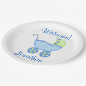 青い男の赤ちゃん乳母車ようこそパーソナライズされた名 ペーパープレート (アングル)