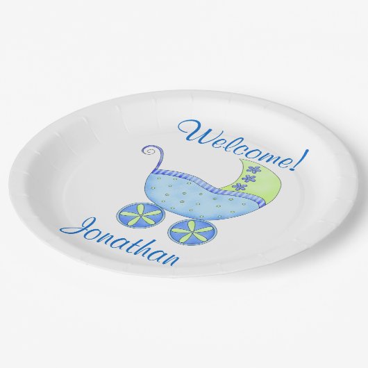 青い男の赤ちゃん乳母車ようこそパーソナライズされた名 ペーパープレート (アングル)