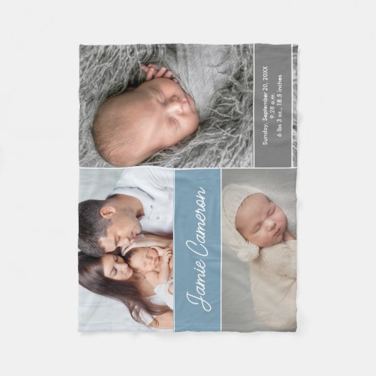 青い男の赤ちゃん名誕生日の統計カスタム写真 フリースブランケット (正面)