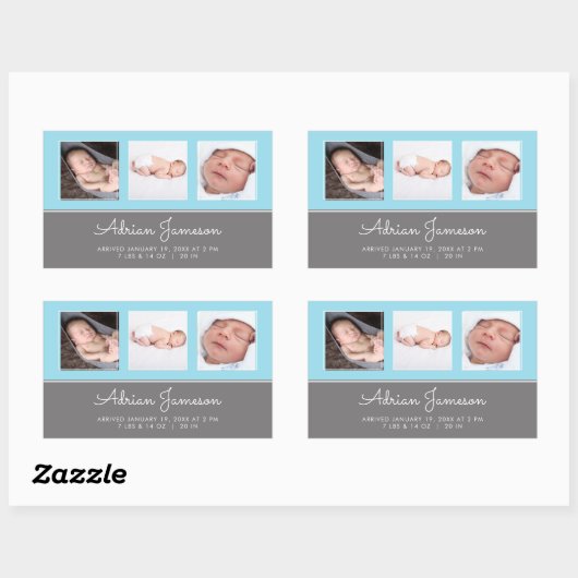 青い男の赤ちゃん生まれたばかりの写真コラージュのお知らせ 長方形シール (シート)