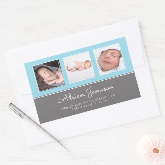 青い男の赤ちゃん生まれたばかりの写真コラージュのお知らせ 長方形シール (封筒)