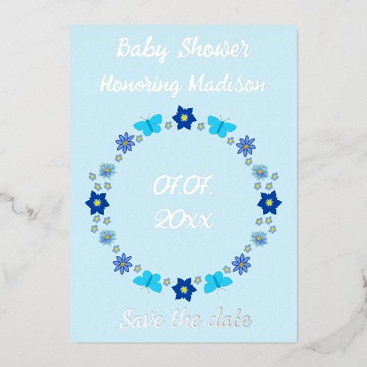 青い男の赤ちゃん蝶と花の日付を保存 箔シーズンカード (正面)