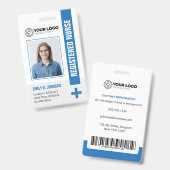 青い登録ナースRN写真&バーコード バッジ (表裏)