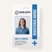 青い登録ナースRN写真&バーコード バッジ (正面)