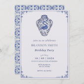 青い白いアンティークの花瓶アートの誕生日 招待状 (正面/裏面)