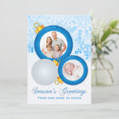 青い白いオーナメントシーズンのグリーティングフォトカード シーズンカード (スタンド正面)