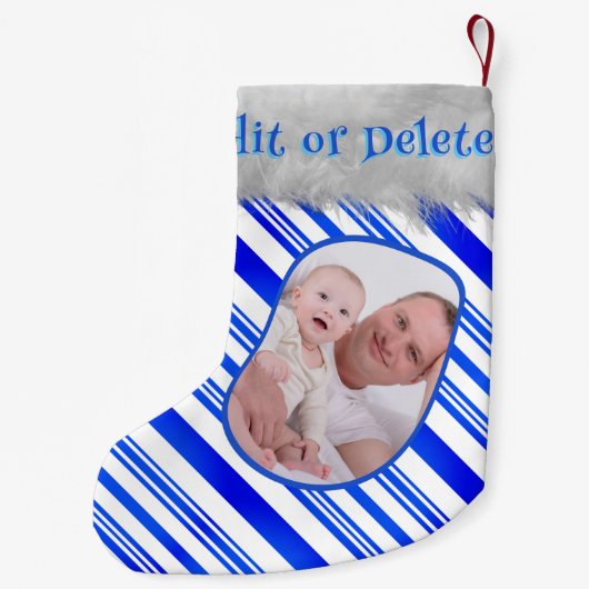 青い白いキャンディーケーンのパターンのクリスマスフォトおもしろい スモールクリスマスストッキング (裏面)