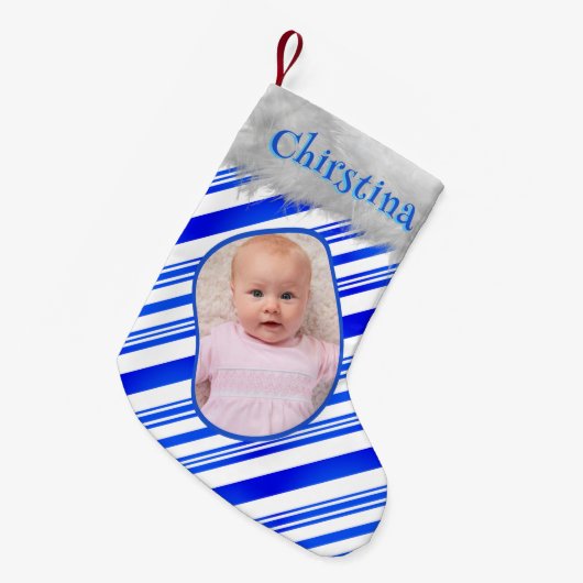 青い白いキャンディーケーンのパターンのクリスマスフォトおもしろい スモールクリスマスストッキング (正面 (吊り時))