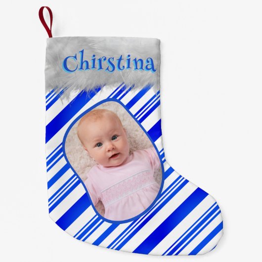 青い白いキャンディーケーンのパターンのクリスマスフォトおもしろい スモールクリスマスストッキング (正面)