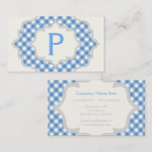 青い白いギンガムのフレームのモノグラム 名刺 (正面/裏面)