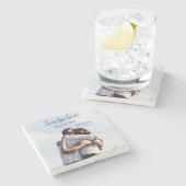 青い白いクラシックスキャンQR日付を保存 ストーンコースター (横)