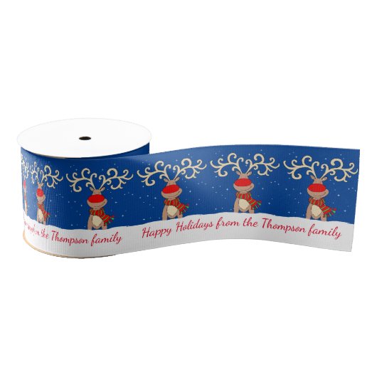 青い白いクリスマスの大きな〔雄ジカの〕枝角トナカイのリボン グログランリボン (リール)