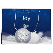 青い白いクリスマスの雪のボーブル喜び雪の結晶 ラージペーパーバッグ (正面)