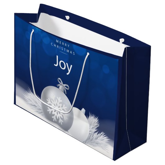 青い白いクリスマスの雪のボーブル喜び雪の結晶 ラージペーパーバッグ (正面アングル)