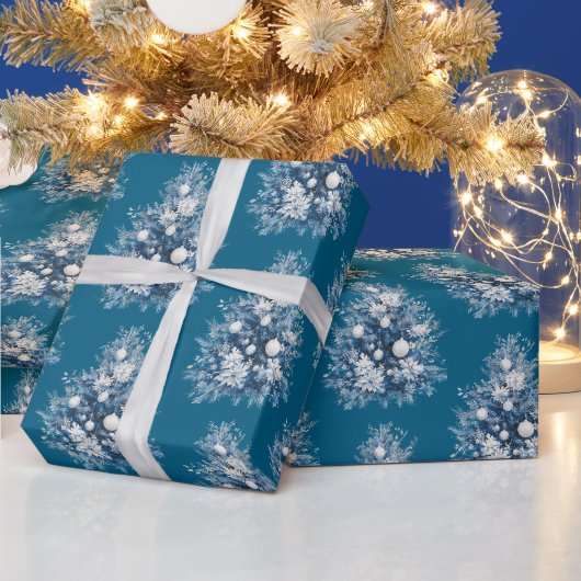 青い白いクリスマスツリー ラッピングペーパー (クリスマス)