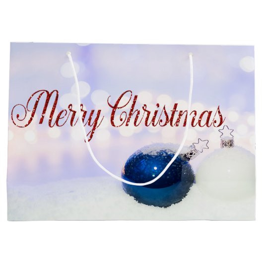 青い白いクリスマスボール、メリークリスマス ラージペーパーバッグ (裏面)