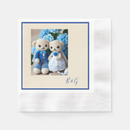 青い白いクロシェのイチジク結婚のカップル 縁ありカクテルナプキン