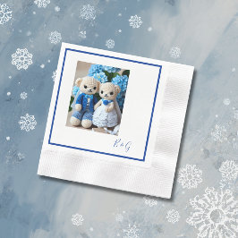 青い白いクロシェのイチジク結婚のカップル 縁ありカクテルナプキン