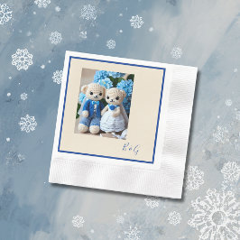 青い白いクロシェのイチジク結婚のカップル 縁ありカクテルナプキン