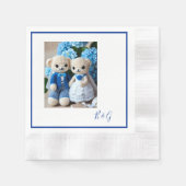 青い白いクロシェのイチジク結婚のカップル 縁ありカクテルナプキン (正面)