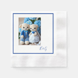 青い白いクロシェのイチジク結婚のカップル 縁ありカクテルナプキン