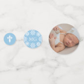 青い白いクロス雪の結晶の写真冬のバプテスマ コンフェッティ (正面)