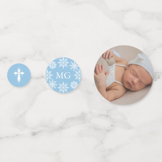 青い白いクロス雪の結晶の写真冬のバプテスマ コンフェッティ (正面)