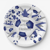 青い白いサッカーボールが星の誕生日 ペーパープレート (正面)