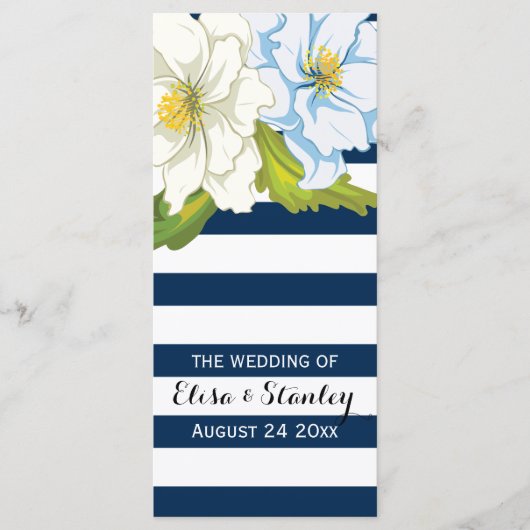 青い白いストライプ、花のモダン結婚式 プログラム (正面)