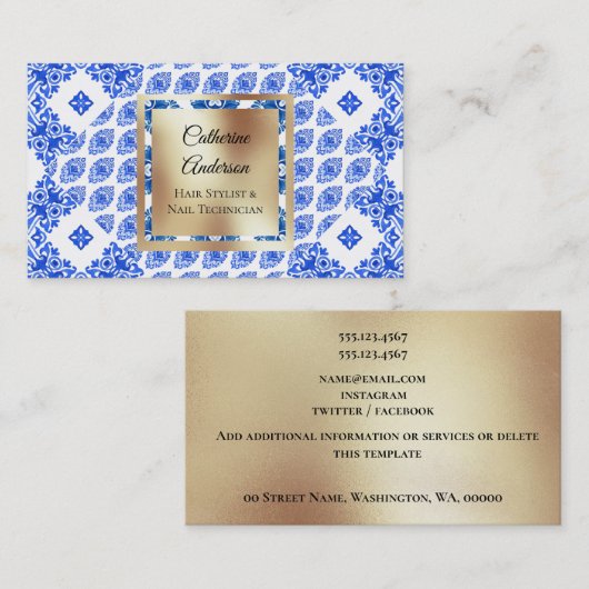 青い白いタイル金ゴールドの四角地中海のモダン形 名刺 (正面/裏面)