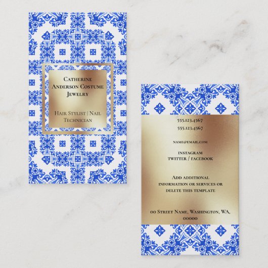 青い白いタイル金ゴールドの四角地中海のモダン形 名刺 (正面/裏面)