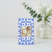 青い白いタイル金ゴールドの四角地中海のモダン形 名刺 (スタンド正面)