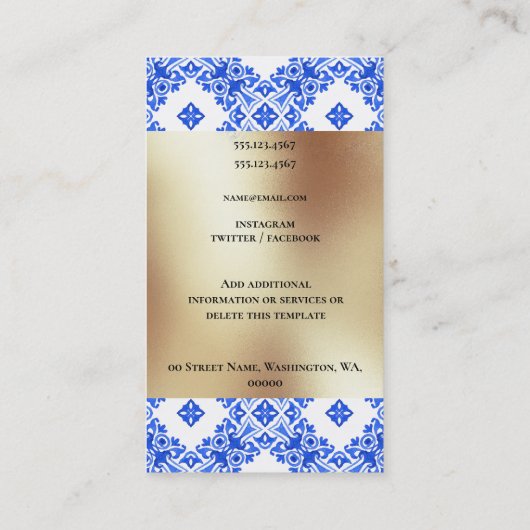 青い白いタイル金ゴールドの四角地中海のモダン形 名刺 (裏面)