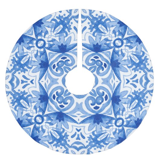 青い白いタイル、水色のシームレスなパターン。 ブラッシュドポリエステルツリースカート (正面)