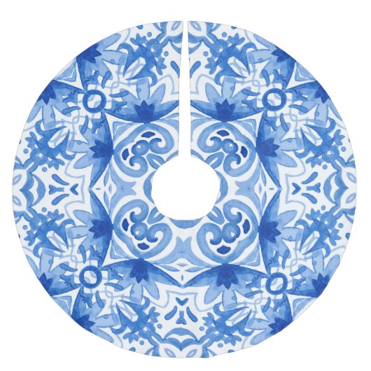 青い白いタイル、水色のシームレスなパターン。 ブラッシュドポリエステルツリースカート (正面)