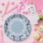 青い白いダマスク·フローラの旋回パーソナライズ ペーパープレート (パーティー)