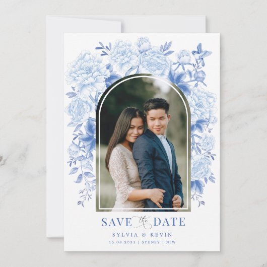 青い白いチノワスリーの鳥の牡丹は日付を保存 招待状 (正面)