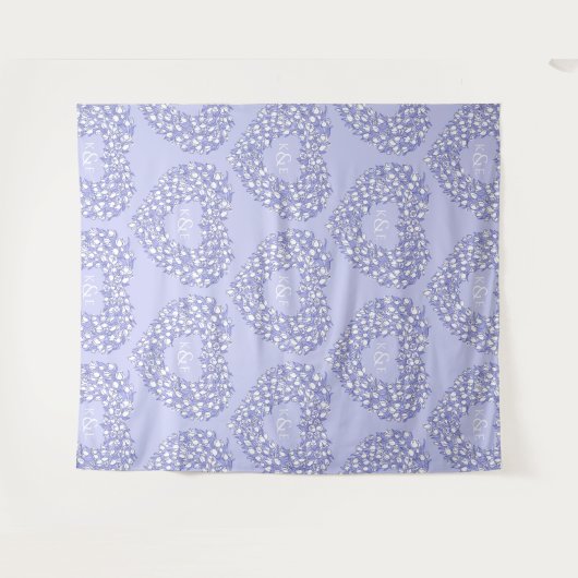 青い白いチューリップのモノグラム結婚式の背景 タペストリー (正面(横))